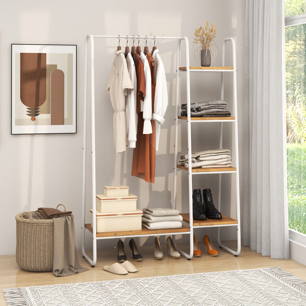 Clothes Rack Free Standing Storage Tower with Metal Frame Suitable for Various Place